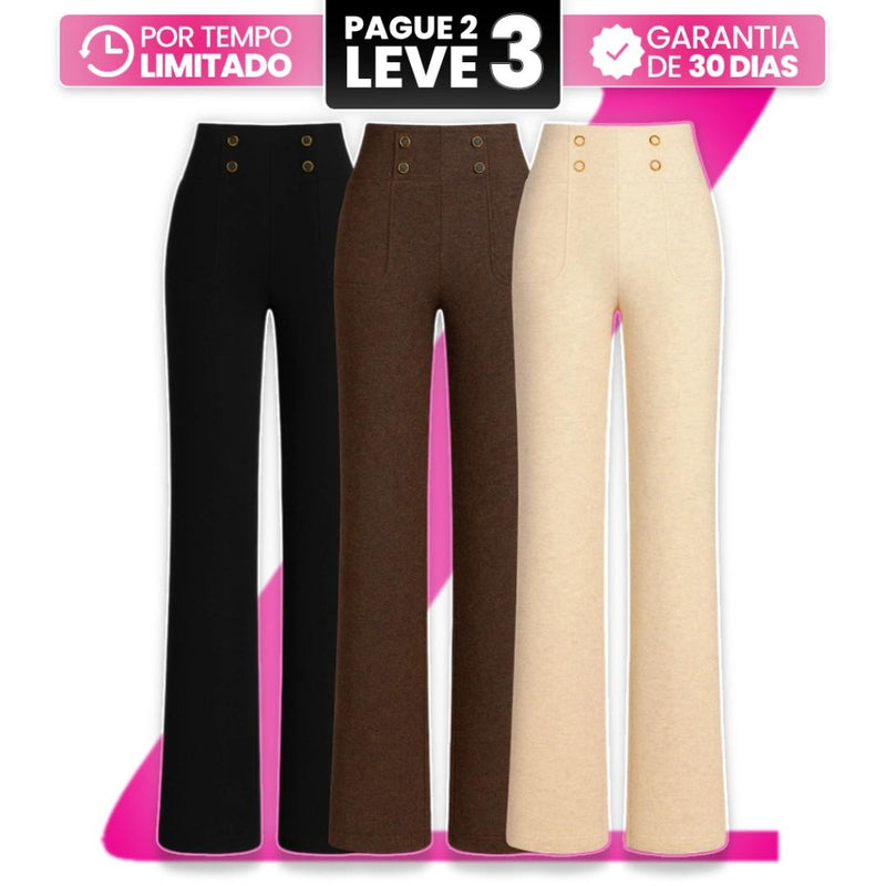 |Leve 3, Pague Só 2| Calça Solena Feminina em Algodão, Poliéster e Viscose de Cintura Alta com Botões Frontais